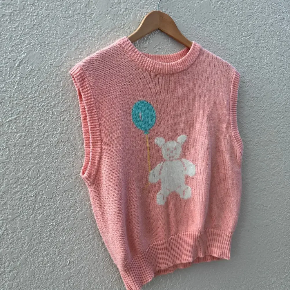 Vintage Coral Pink Teddy Bear Sleeveless Sweater Vest - Picture 6 of 6